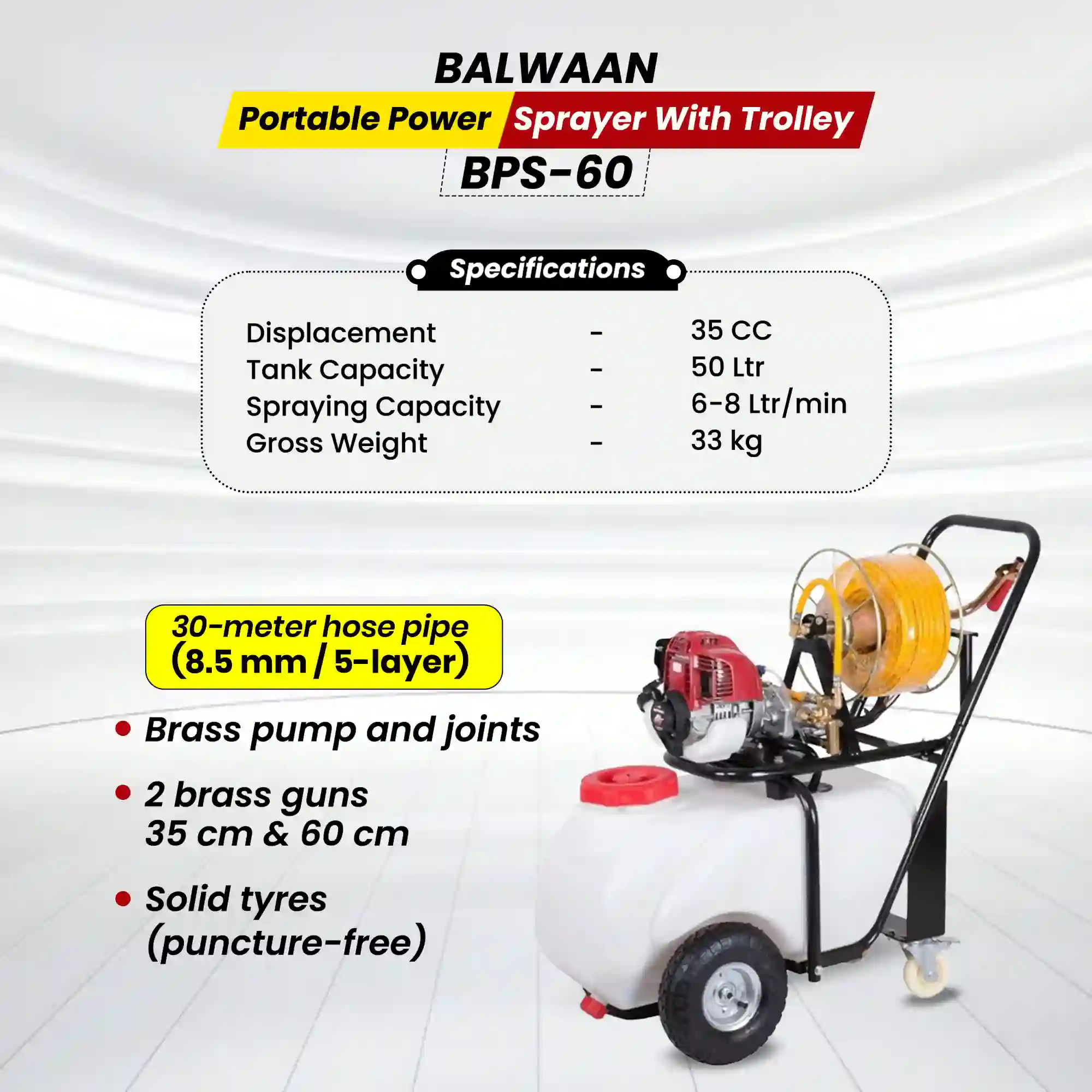 BALWAAN BP-60 PORTABLE POWER SPRAYER WITH TROLEY 50LTR TANK 35CC PETROL ENGINE 30M HOSE BRASS PUMP FOR PESTICIDE FORTILIZER SANITIRATION USE