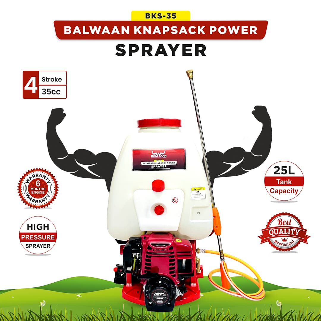 BALWAAN KNAPSAK AGRICULTURAL POWER SPRAYER BKS-35/35CC 4 STROKE ENGINE HIGH PRESSURE COMMERCIAL SPRAYER SANITIZATION FREE 3HEAD NOZZLES HOSE PIPE GUN SOOML ENGINE OIL 500ML