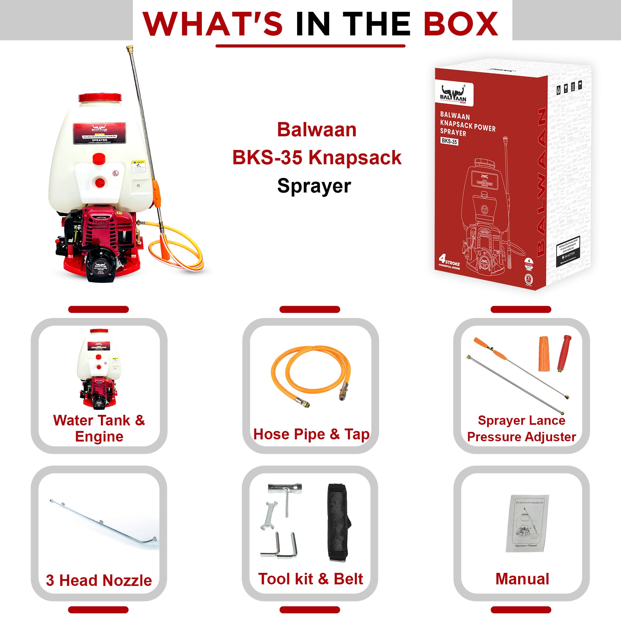 BALWAAN KNAPSAK AGRICULTURAL POWER SPRAYER BKS-35/35CC 4 STROKE ENGINE HIGH PRESSURE COMMERCIAL SPRAYER SANITIZATION FREE 3HEAD NOZZLES HOSE PIPE GUN SOOML ENGINE OIL 500ML